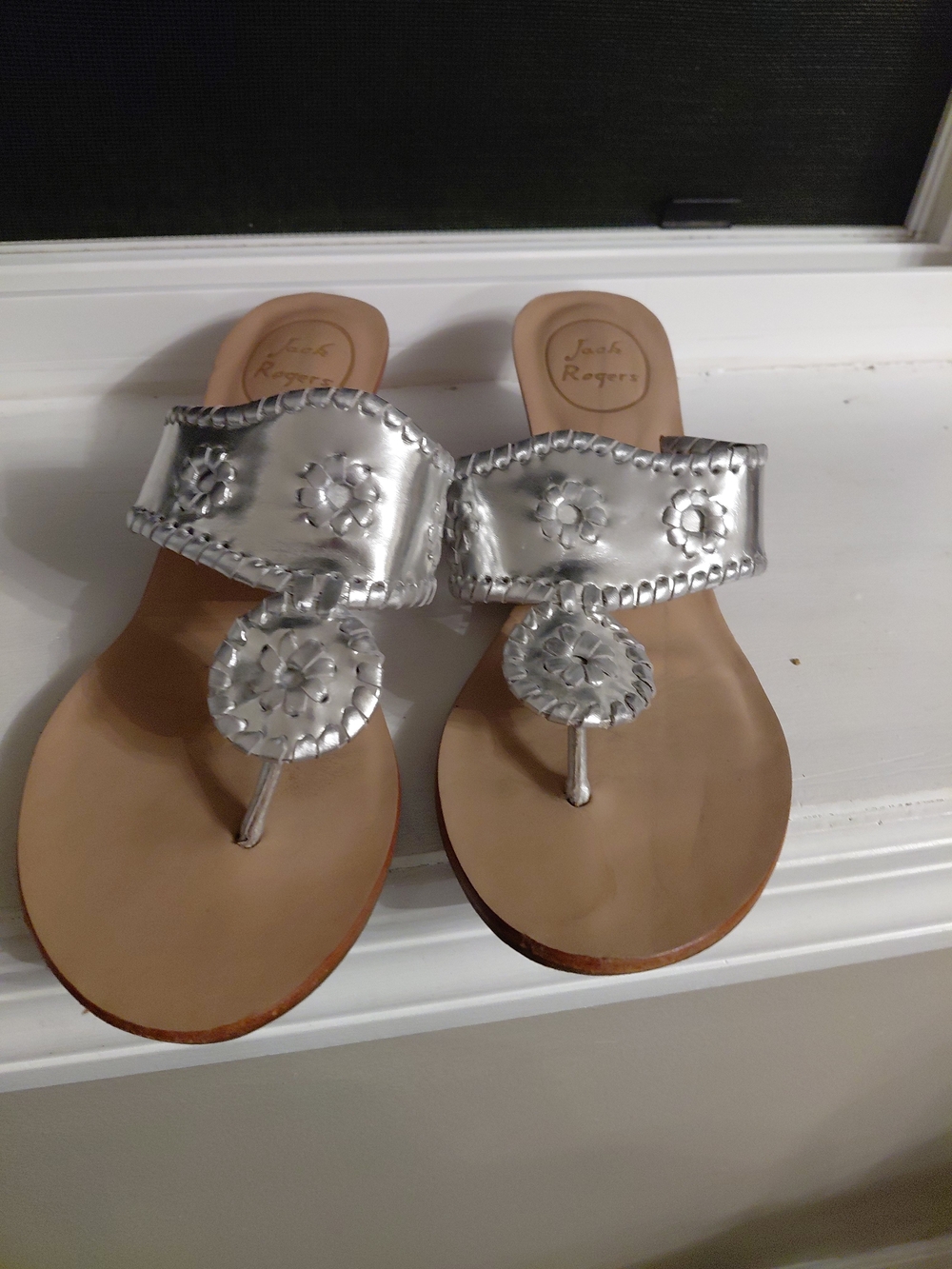 Jack Rogers Silver Leather Thong Sandals